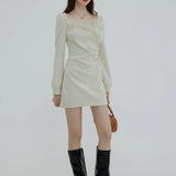 Feather-Trimmed Textured Long-Sleeve Dress