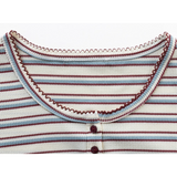Women's Striped Button Neck T-Shirt - Vintage Inspired