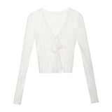 Plunge Neckline Knit Sweater with Lace Up Detail and Long Sleeves