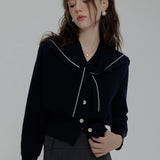 Women's Nautical Style Cardigan Sweater with Stripe Detail and Tie Collar