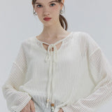 Textured Tie-Front Knit Blouse with Button Details