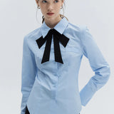 Woman's Long Sleeve Button-Up Blouse with Contrast Bow Tie Neckline