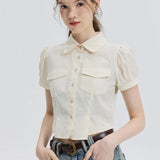 Tailored Cap Sleeve Blouse with Patch Pockets and Pointed Collar