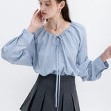 Gathered Neckline Blouse with Button Detail