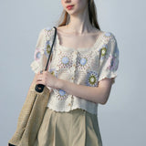 Women's Crochet Lace Floral Top with Flutter Sleeves
