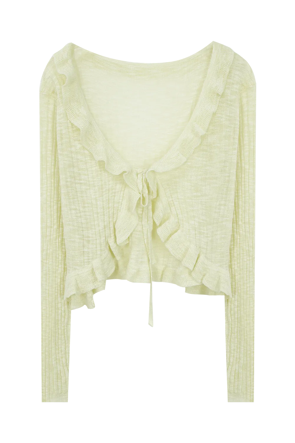 Women's Textured Long Sleeve Top with Ruffle Neckline and Tie Detail