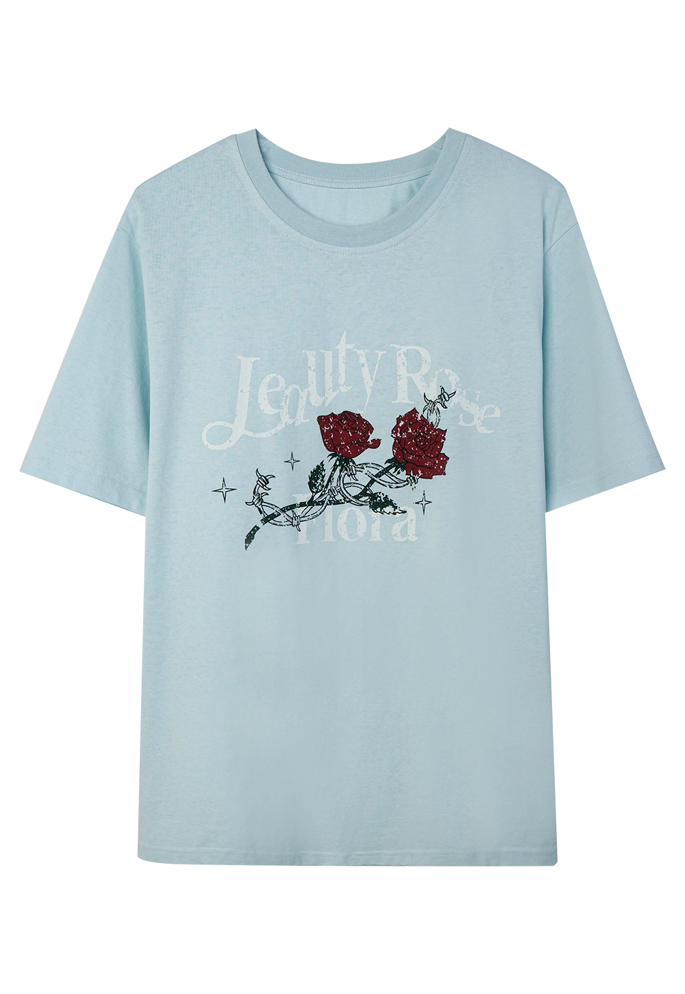 Women's T-Shirt with Red Rose Print and Elegant Script - Casual Cotton Tee