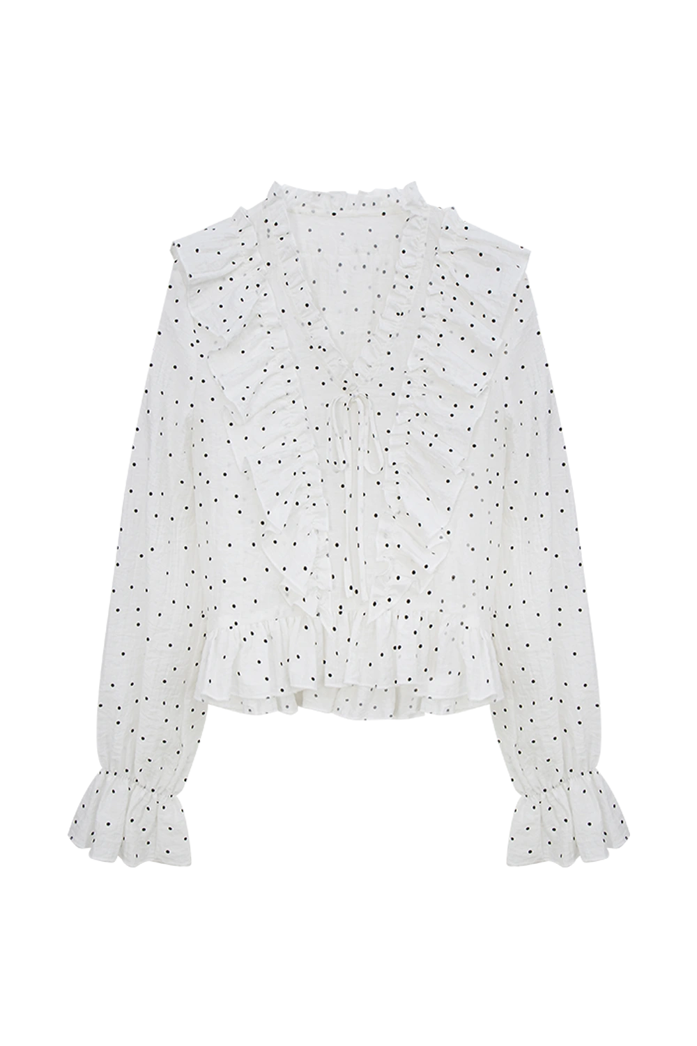 Elegant Polka Dot Blouse with Cinched Waist and Ruffle Details