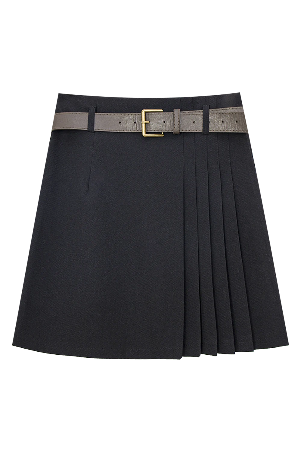 Pleated Mini Skirt with Metal Buckle Belt