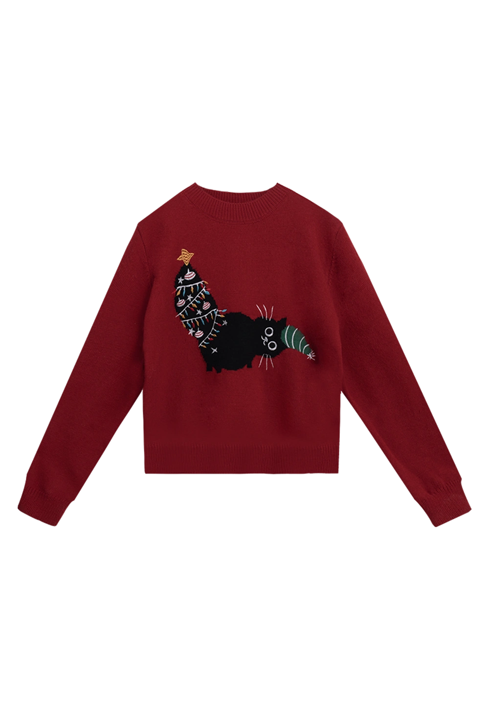 Women's Festive Sweater with Cat and Christmas Tree Embroidery