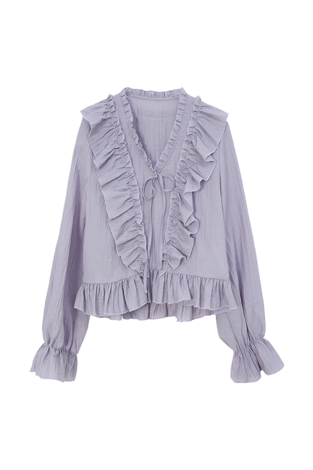 Romantic Ruffle-Trimmed V-Neck Blouse with Tie Detail and Balloon Sleeves