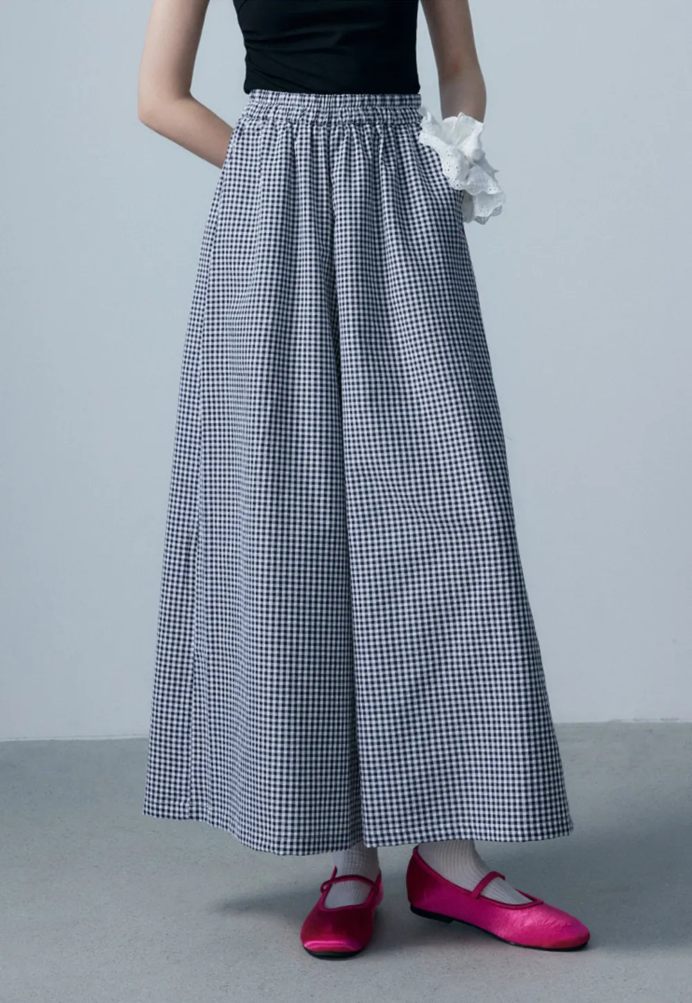 Women's Red and White Gingham Wide-Leg Pants