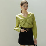 Women's Casual Long Sleeve Blouse with Elegant Bow Collar Detail