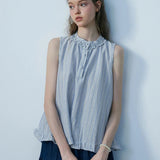 Delightful Women's Sleeveless Striped Blouse with Ruffled Collar
