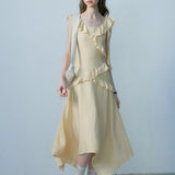Cream Ruffled Midi Dress with Asymmetrical Hem