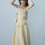 Cream Ruffled Midi Dress with Asymmetrical Hem