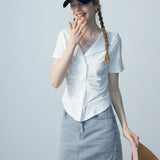 Short-Sleeve Collared Button-Up Knotted Crop Top