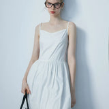 Women's White Summer Dress with Spaghetti Straps and Gathered Waist Detail