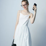 Women's White Summer Dress with Spaghetti Straps and Gathered Waist Detail