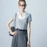 Chic Collared Short Sleeve Blouse with Contrast Lapel Detail