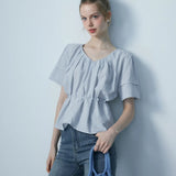 Textured Drawstring Waist Blouse with Flutter Sleeves