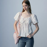 Floral Puff Sleeve Blouse with Knot Detail and Elasticated Neckline