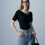 Cowl Neck Draped Jersey Tee, Short Sleeve, Relaxed Fit