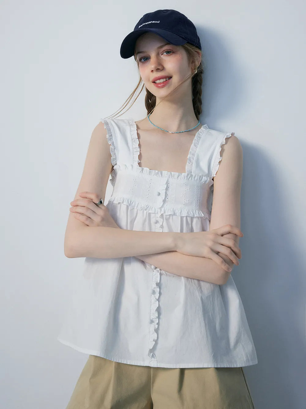 Cotton Sleeveless Blouse with Ruffle Trim and Eyelet Embroidery