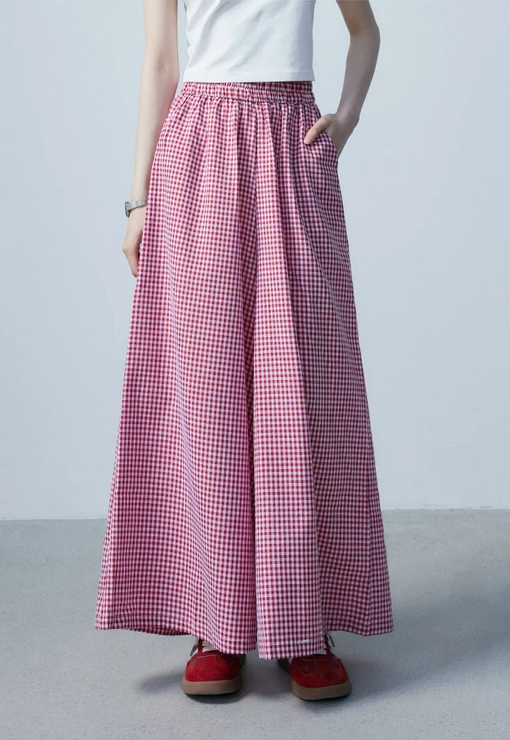 Women's Red and White Gingham Wide-Leg Pants