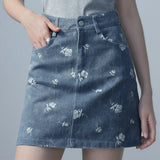 Women's Mid-Thigh A-Line Denim Skirt with Floral Print