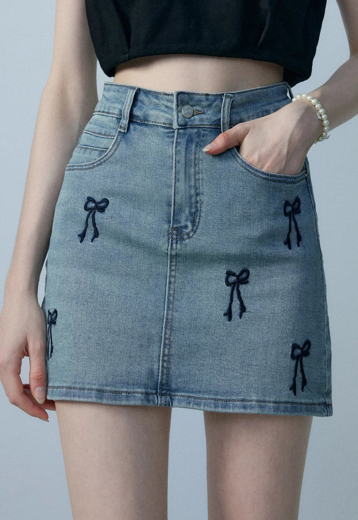 Denim Mini Skirt with Decorative Bow Embroidery - Cute and Trendy