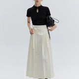 Elegant Black Floral Jacquard Midi Skirt with Waist Tie