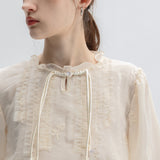 Women's Embroidered Blouse with Drawstring Neckline