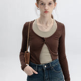 Mock Layered Long Sleeve Top with Scoop Neck and Button Detail