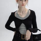 Mock Layered Long Sleeve Top with Scoop Neck and Button Detail