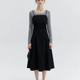 Women's Long-Sleeve Blouse and Spaghetti Strap Dress Mock Two-Piece Set