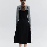 Women's Long-Sleeve Blouse and Spaghetti Strap Dress Mock Two-Piece Set