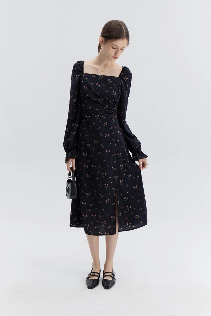 Women's Floral Print Midi Dress with Square Neckline and Puff Sleeves