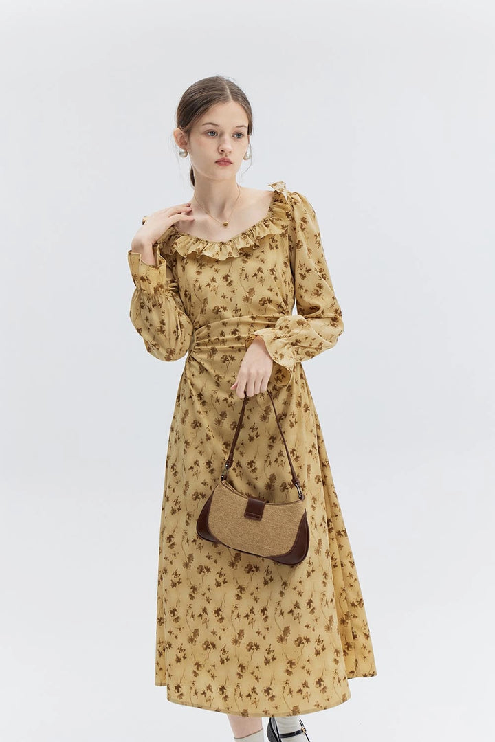 Women's Ruffled Neckline Floral Print Long Sleeve Midi Dress