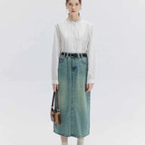 Trendy High-Waisted A-Line Denim Skirt with Belt