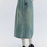 Skirt Denim A-Line Berpinggang Tinggi yang bergaya dengan Tali Pinggang