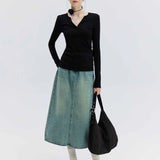 Trendy High-Waisted A-Line Denim Skirt with Belt