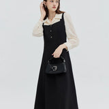 Ladies' Button-Up Dress with Contrast Collar and Puff Sleeves
