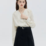 Women's Vertical Striped Button-Up Blouse with Cuffed Sleeves