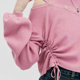 Sweater Berkait Bergaya Wanita dengan Potongan Asimetri dan Perincian Tali Sisi