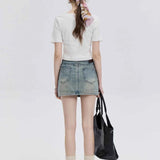 Casual Denim Mini Skirt with Belted Waist