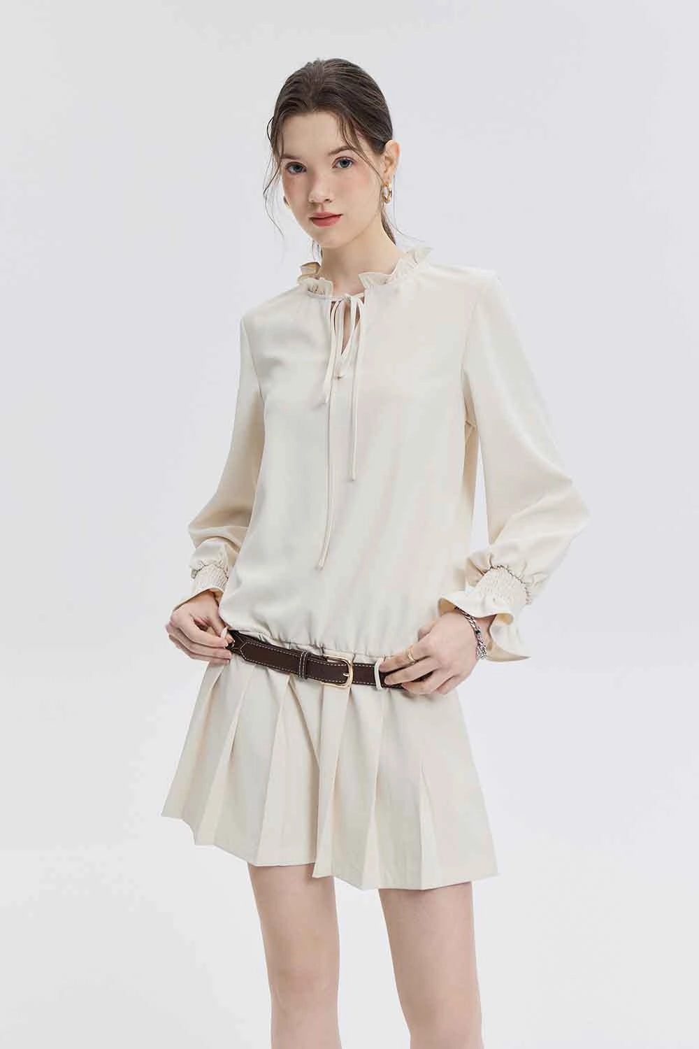 Women's Long Sleeve Dress with Ruffle Neckline and Tie Detail