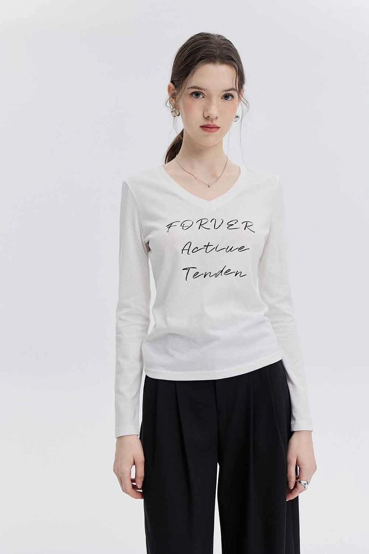 Women's Casual Long Sleeve V-Neck Graphic Tee