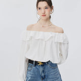 Off-Shoulder Long Sleeve Top with Ruffle Detail, Romantic Sweet Style