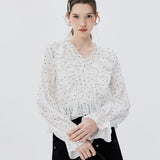 Elegant Polka Dot Blouse with Cinched Waist and Ruffle Details
